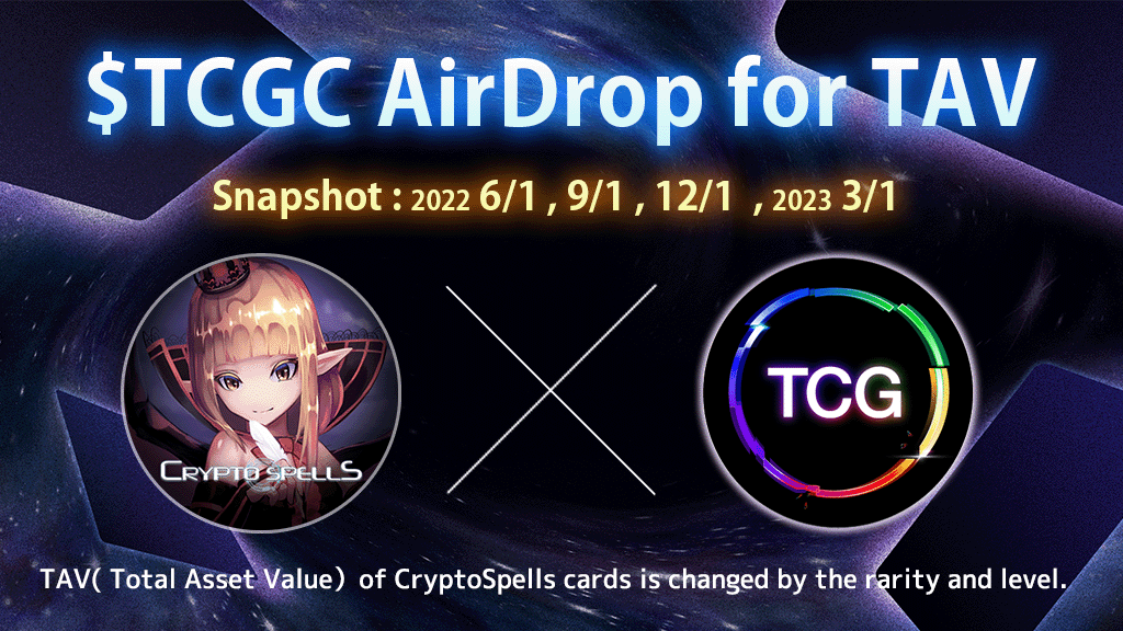 crypto_spells's tweet photo. 【アナウンス】

#クリスペ の TAVに応じて $TCGC の #AirDrop を4回実施します👐 詳細はMediumをお待ちください😊

✅Snapshot : 2022 6/1 , 9/1 , 12/1  , 2023 3/1 

TAV(Total Asset Value）：CryptoSpellsの所有カードのレアリティ、レベルに応じて増加します https://t.co/IMSakZsXqV