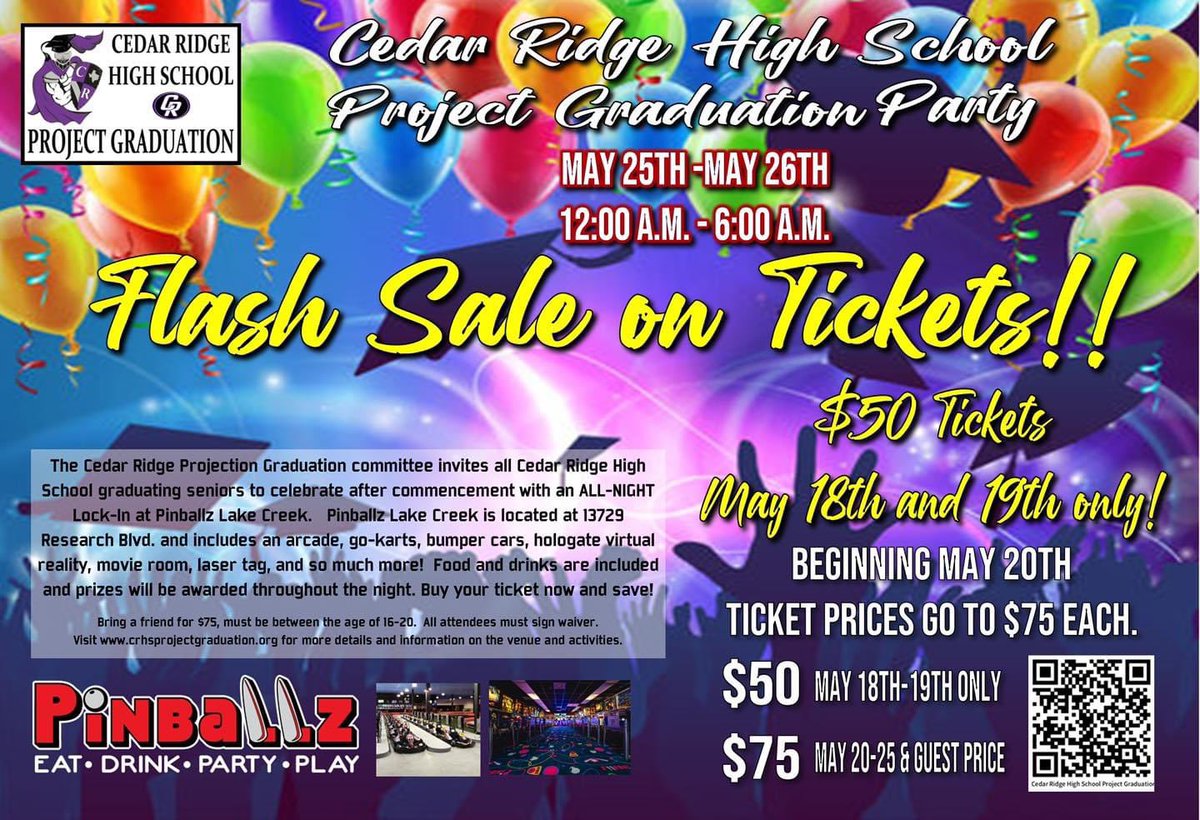 💥FLASH SALE💥 May 18th &amp; May 19th ONLY!

Snag your senior their lock-in ticket for only $50 each!
Guest are $75 each. 

Final price increase will happen on May 20th. All ticket sales will be $75 each. 

…school-project-graduation.square.site/product/crhs-p…