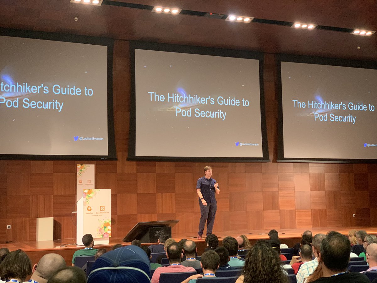bertmeuris's tweet photo. Finally “The hitchhiker’s guide to pod security” by @LachlanEvenson @i8c #KubeCon https://t.co/xZ75rPsczM