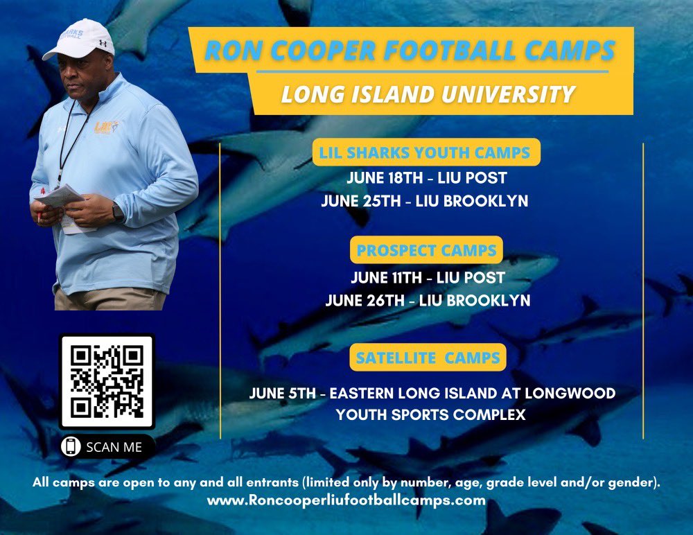 LIUSharksFB's tweet photo. Clear those calendars and come get coached and evaluated by our staff here at Long Island University. Registration is open now. 

https://t.co/TLSffrmbF8 https://t.co/UMN2GC081p