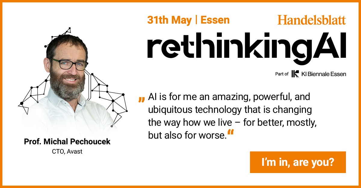 AvastDach's tweet image. Unser CTO Michal Pechoucek nimmt am 31.5. im Rahmen von #RethinkingAI an der Diskussionsrunde teil: 

Zwischen gesellschaftlicher Realität und wissenschaftlicher Vision: Das ethische Spektrum von #KI @handelsblatt 

Anmeldung 👇 ava.st/3wC1Igd