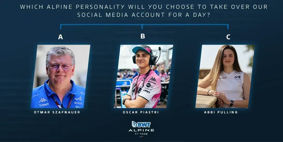 BinanceFanToken's tweet photo. 📣 Calling all @AlpineF1Team Fans!

Let us know which #AlpineF1 personality you would like to take over Alpine’s social media account for a day? 🤩‍

Hold any amount of $ALPINE to vote ➡️ https://t.co/N1NMeYvmRd

⏰ Ends 31 May 12:00 UTC #BinanceFanToken https://t.co/MhwOxUvJLB