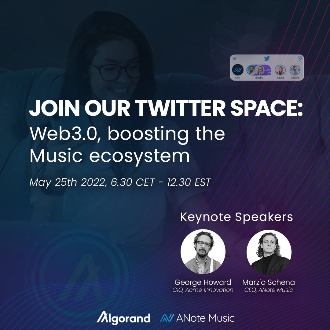 We are excited to announce our first Twitter Space with ANote’s CEO <a href="/MarzioSchena/">Marzio Schena</a> and CIO of Acme Innovation <a href="/gah650/">George Howard</a> for an insightful talk about #Web3.0 and the #music Industry. 🎶
Make sure to hit the link in the comment to set up a reminder. Post your questions below.