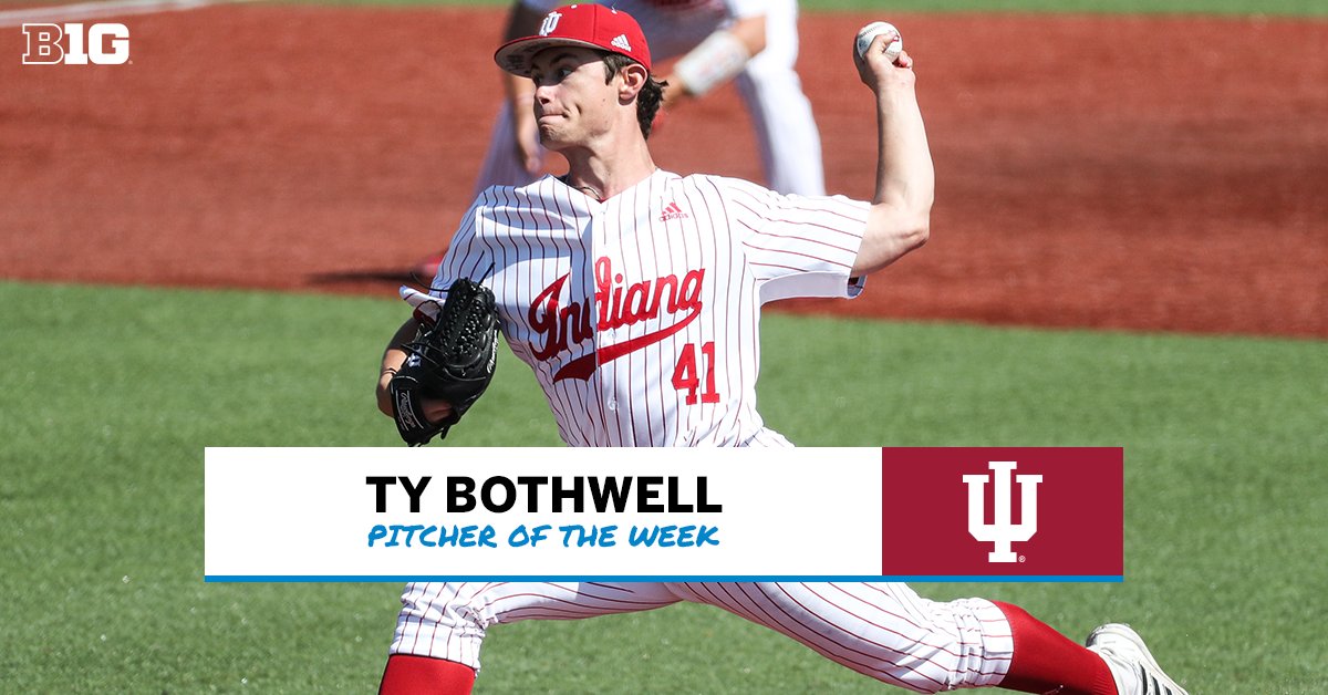 B1Gbaseball's tweet photo. 🚨 Weekly #B1G Awards Alert 🚨 

Ty Bothwell of @IndianaBase is the #B1GBaseball Pitcher of the Week!

⚾ After a 22-hour rain delay, produced 7.0 innings of hitless work vs. Minnesota 
⚾ Threw a career-high 111 pitches, while striking out 8

🗞️ https://t.co/hDF8g2vule https://t.co/wySRvDPX9T