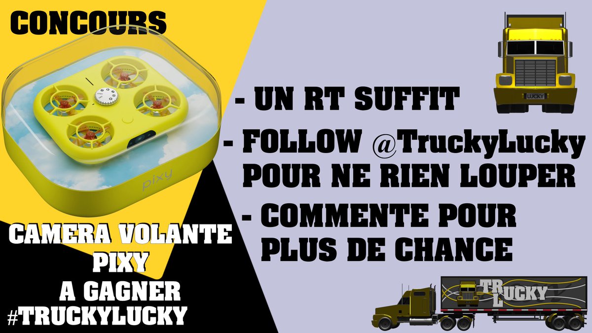 TruckyLucky's tweet photo. #Concours #Jeu
🎁Gagnez une caméra volante Pixy !

- 1 #RT suffit

🍀Plus de chances :
📲 Sur l'app :
https://t.co/YMxqrtUQdF
💬 Commentez avec mentions.

Suivez @TruckyLucky pour plus de concours.

#EnvolonsNous #JeuConcours #invention #TL @snappixy #camera #Pixy #TruckyLucky https://t.co/aiTFLvKcXm