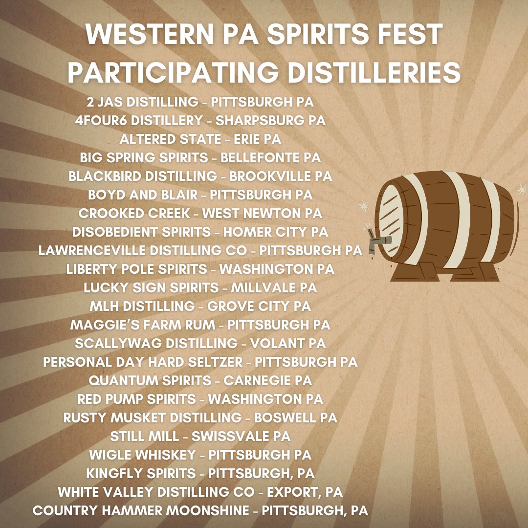 Only a few days away! Join us for the nation's largest LOCAL only Spirits Fest on May 22. Carrying on Western Pennsylvania’s rich tradition of spirits, there will be 22 distilleries all from Western PA showcasing a variety of spirits.