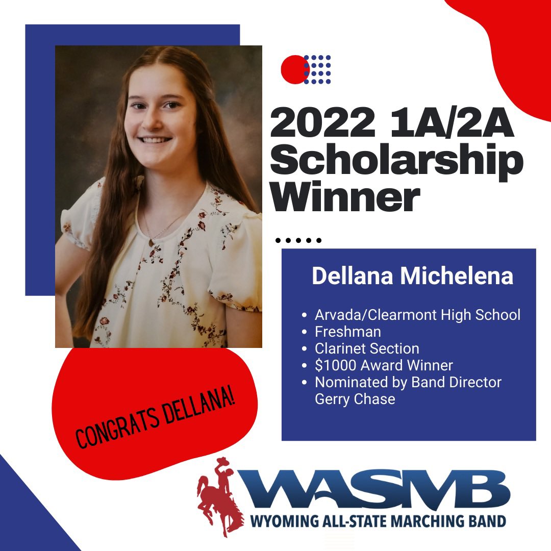 WyoBand's tweet photo. Congratulations to WASMB 1A/2A Scholarship Award Winner Dellana Michelena from Arvada-Clearmont High School. Welcome to the Band. #wyoband https://t.co/cFGJuQl0hN