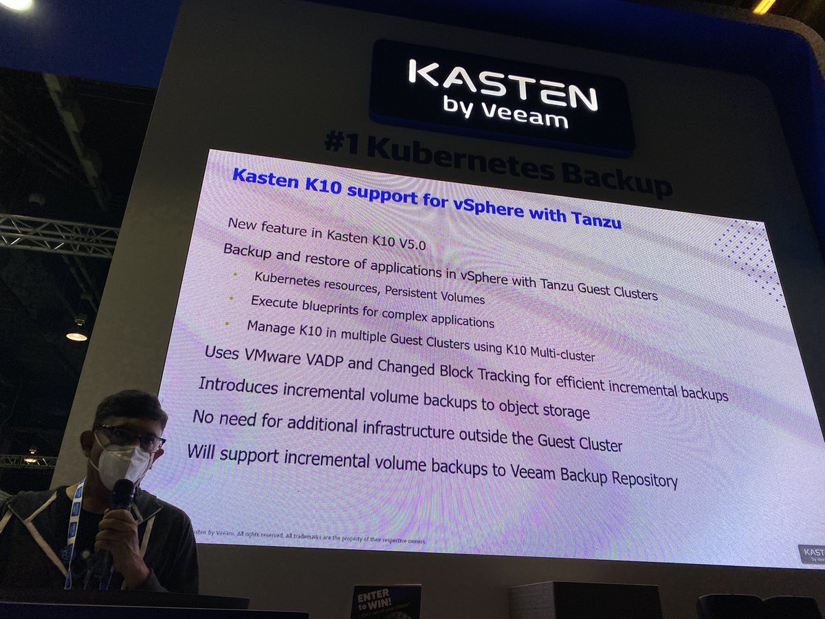 ajbergh's tweet photo. Did you hear @kastenhq is releasing @VMwareTanzu support with K10 v5.0 announced this week at #KubeCon? Come by our booth to hear more! https://t.co/ORdwc77PlO
