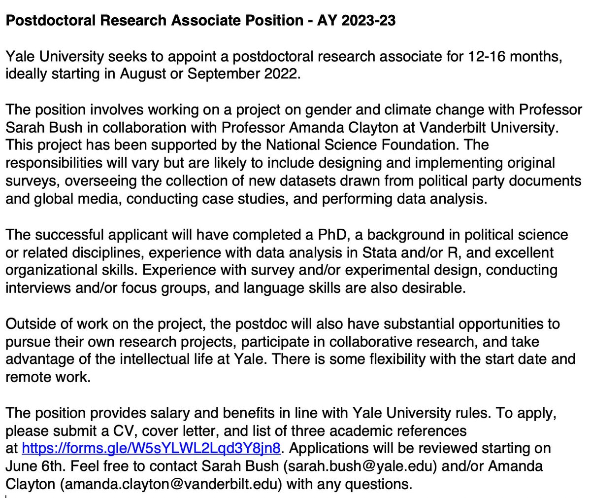 Come work with me (+ @abclayton24) on a postdoc! We're hiring someone to work with us on a project about gender and climate change. Details below. Apply at forms.gle/W5sYLWL2Lqd3Y8….