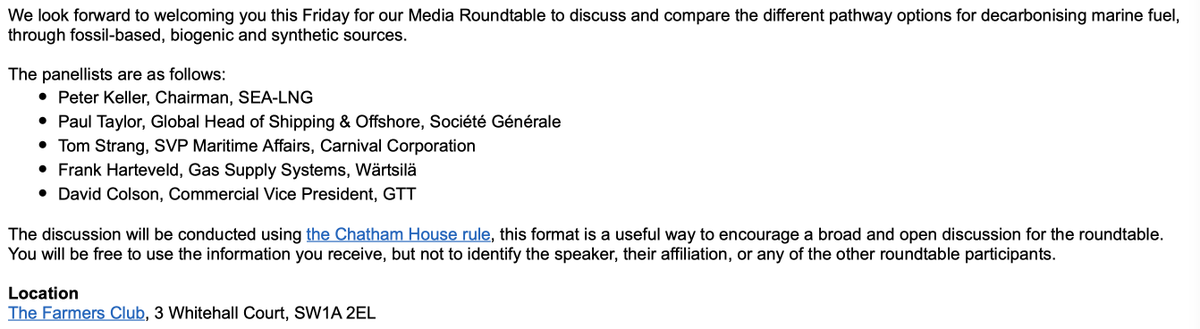 Michellewb_'s tweet photo. Massive fail for LNG shipping sector - organised "media roundtable" but insist discussion conducted under Chatham House rules. Why? Transparency &amp; accountability in decarbonisation debate is essential. many journos not attending as a result https://t.co/3rqw7u2FSa