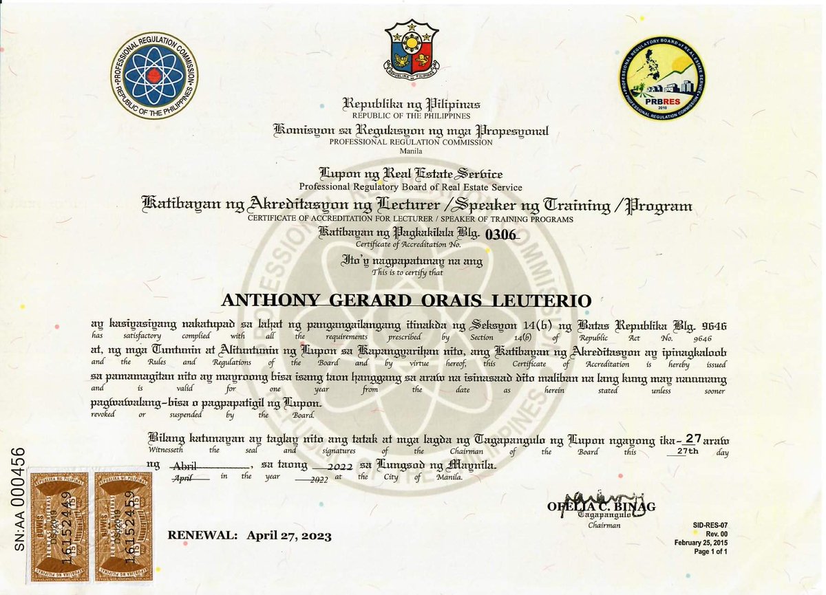 tonleuterio's tweet photo. Thanks to PRC-PRBRES for sending me my renewed Certificate today as an accredited PRC Lecturer and Speaker. This accreditation means a lot to the Filipino Homes team as I conduct online and face-to-face seminars to train current and upcoming real estate professionals. https://t.co/NBFUYKxpzb