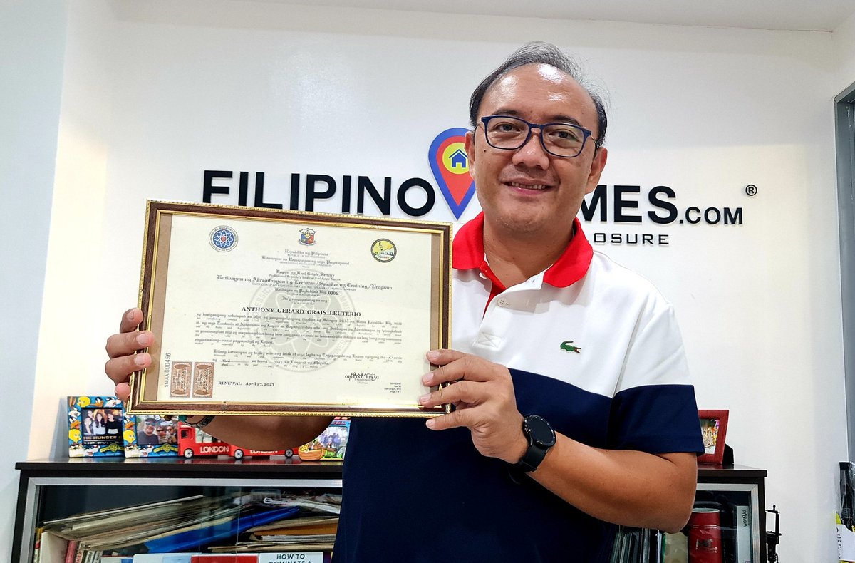 tonleuterio's tweet photo. Thanks to PRC-PRBRES for sending me my renewed Certificate today as an accredited PRC Lecturer and Speaker. This accreditation means a lot to the Filipino Homes team as I conduct online and face-to-face seminars to train current and upcoming real estate professionals. https://t.co/NBFUYKxpzb