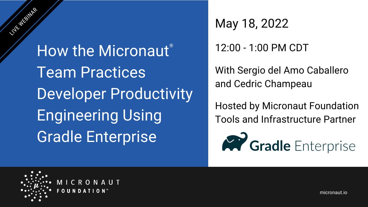 Starting Soon! We are really excited for this webinar and hope you can join us for this talk today. We always have a great time with our friends <a href="/gradle/">Gradle Technologies</a>! hubs.li/Q01bC38l0 #micronaut #gradle <a href="/sdelamo/">Sergio del Amo</a> <a href="/CedricChampeau/">dsad</a> <a href="/DJRooz/">Rooz Mohazzabi</a> @jreock
