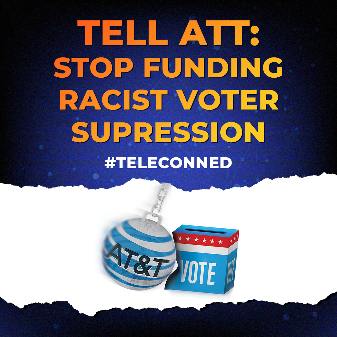FLRising's tweet photo. Don’t be #TeleConned! @ATT says it's for racial equity but is one of the top contributors to legislators sponsoring racist voter suppression bills.
Join the May 19 Distributed Day of Action! https://t.co/uriud0U5To https://t.co/xkZUHrqAg4