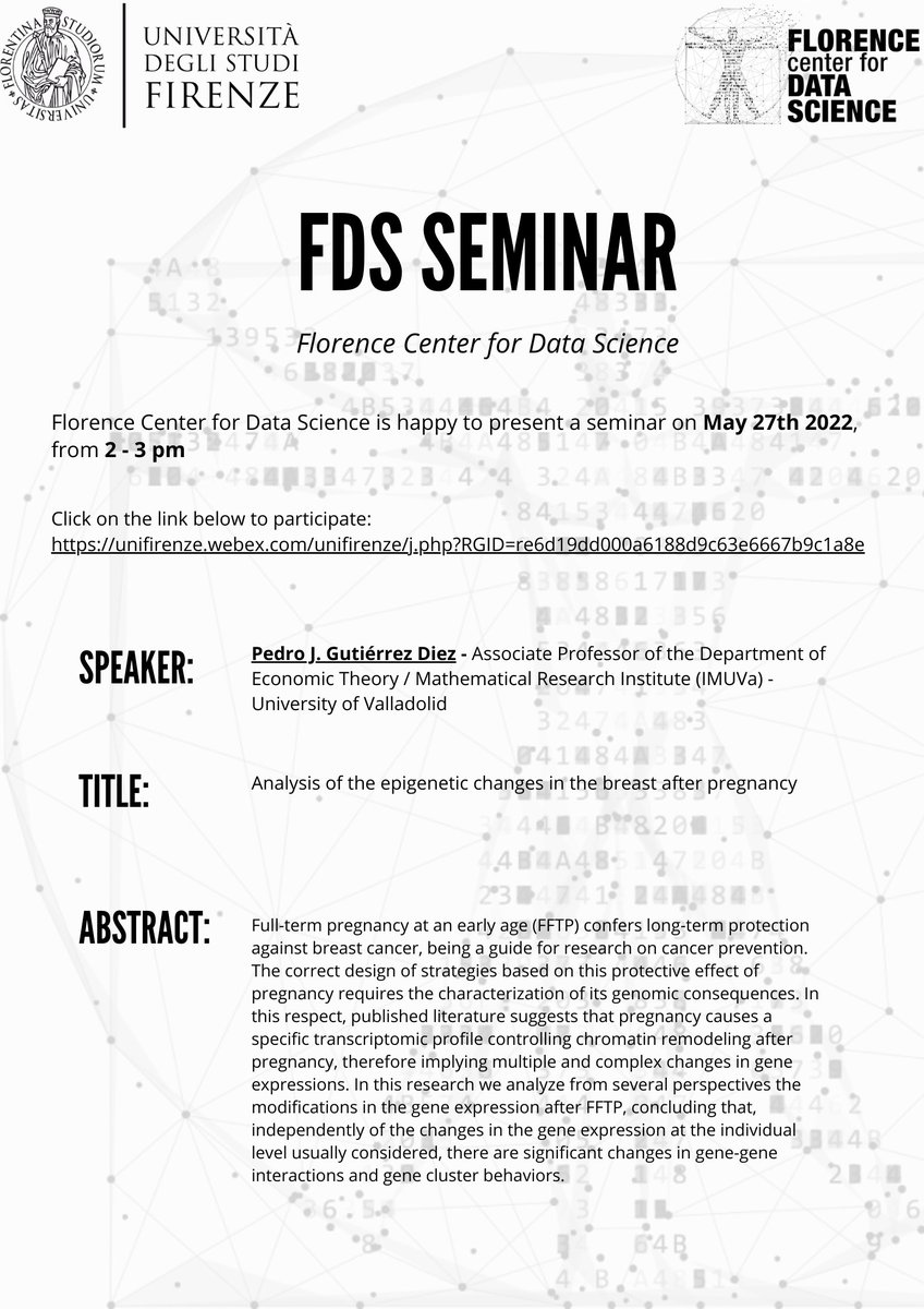 DataScienceFLR's tweet image. It's Friday again... then Saturday, Sunday, what?
The #D2Seminar series may be paused but this doesn't mean FDS seminars are over!
Join us next friday #27May at 2PM for Pedro J. Gutiérrez Diez - "Analysis of epigenetic changes in breast after pregnancy" ⤵
bit.ly/3yIPJQM