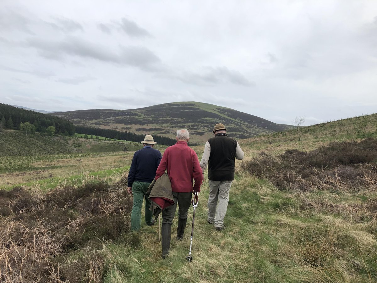 Three presidents of the Royal Scottish Forestry Society Simon MacGilvery, Nander Robertson and Forest Carbon co-founder James Hepburne Scott inspecting woodland planting at Black Meldon on the #RSFS annual tour. @RSFS1854