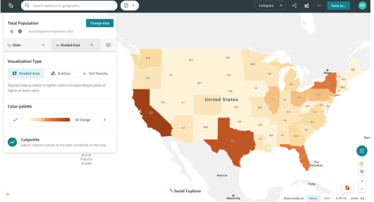 chsconf's tweet photo. @socialexplorer has enabled shaded area visualization beyond just using bubbles or dot density. The upgrade also allows users to choose between visualizing counts as numbers or percentages. #Datavisualization #interactivedata https://t.co/3PUiVg7gOz https://t.co/tqrXDuAJns