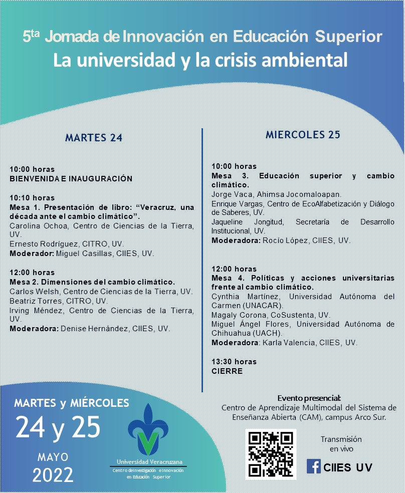 ¡Todos invitados!

5ta. Jornada de Innovación en Educación Superior:  "La Universidad y la crisis ambiental"

24 y 25 de mayo de 10 a 14hrs.

uv.mx/prensa/eventos…
