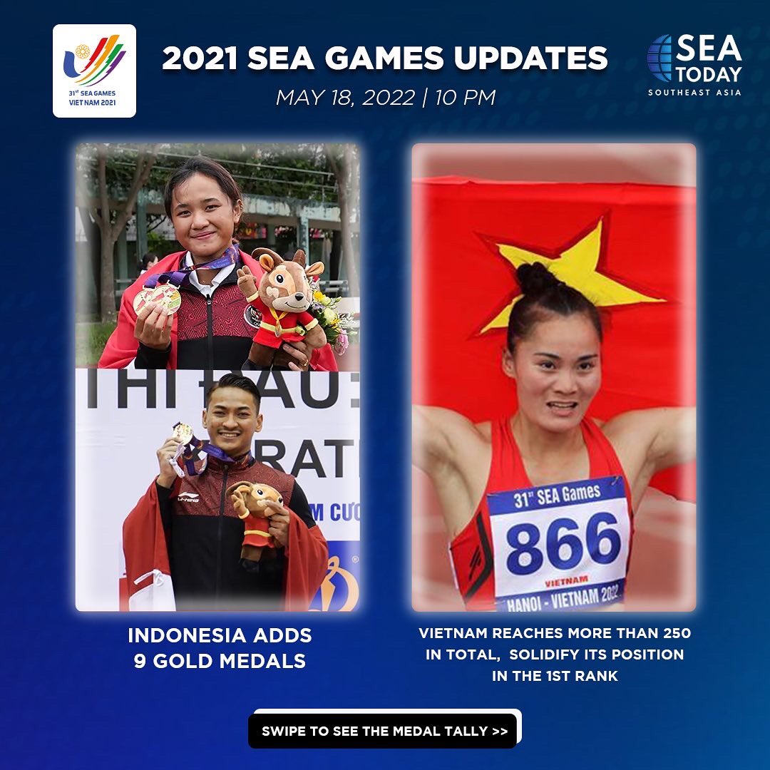 seatodaynews's tweet photo. #SEAUpdates: Medals from each country at the 2021 SEA Games in Hanoi, Vietnam as of May 18, 2022.
#Indonesia bags another gold medals from #archery & #karate. Meanwhile, #Vietnam has strengthened its position at the number 1 position with more than 250 medals. #SEAToday https://t.co/JhbWcdEfIY