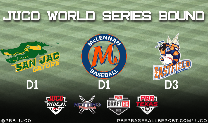 PrepBaseball_TX's tweet image. 𝐉𝐮𝐜𝐨 𝐖𝐨𝐫𝐥𝐝 𝐒𝐞𝐫𝐢𝐞𝐬 𝐁𝐨𝐮𝐧𝐝🏆

Congratulations to @SJGator_BB &amp;amp; @mccbaseball1 on advancing to the D1 Juco World Series in Grand Junction, CO

Congratulations to @EastfieldBSB on advancing to the D3 in Greenville, TN

@PBR_JUCO | @prepbaseball | @NJCAABaseball