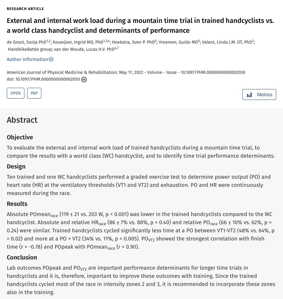 New #HandbikeBattle paper in <a href="/AJPMRjournal/">AJPM&R</a> - External and internal work load during a mountain time trial in trained handcyclists vs. a world class handcyclist and determinants of performance. See ➡️ journals.lww.com/ajpmr/Abstract…