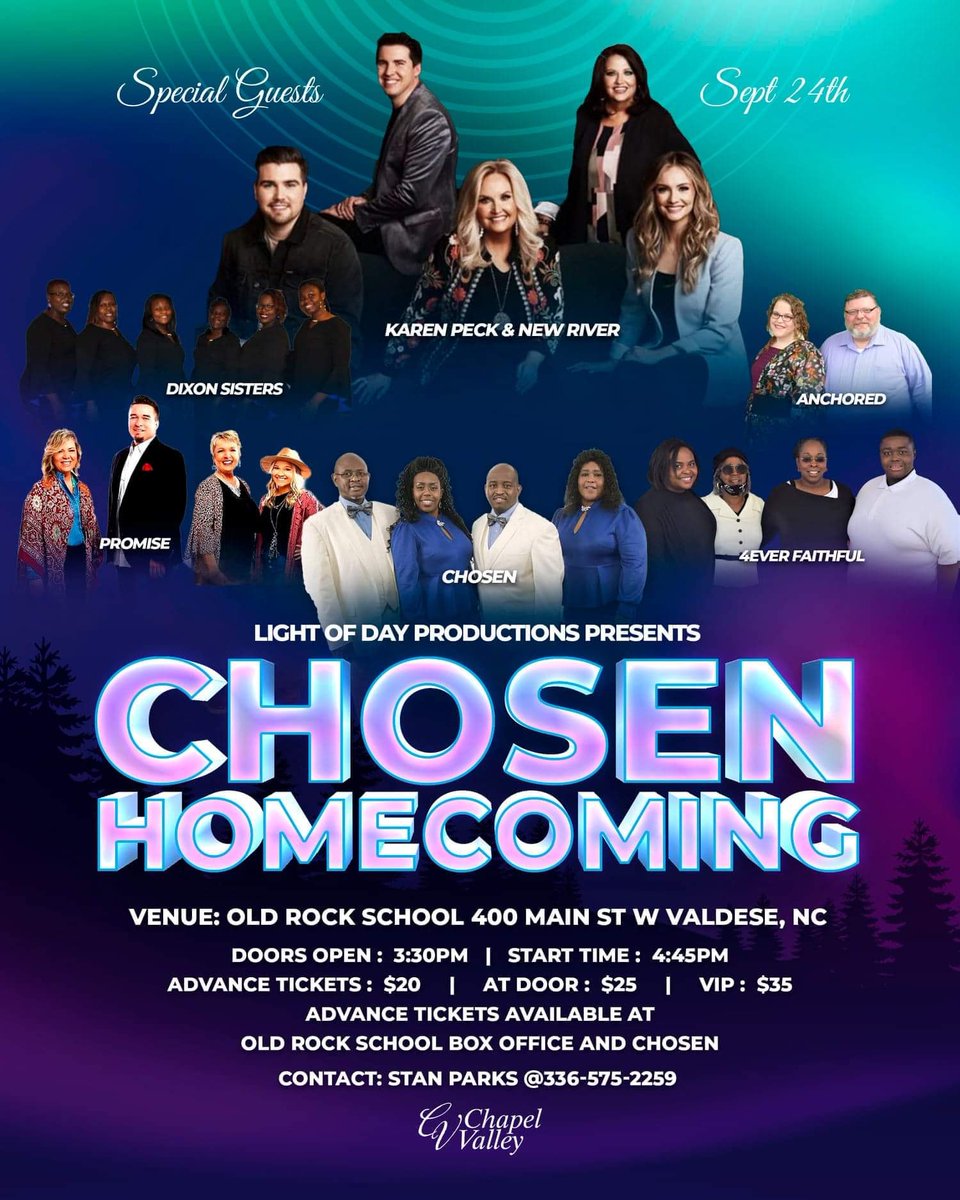 WE_ARE_CHOSEN1's tweet photo. Come and help us lift the name Jesus at the "2022 Chosen Homecoming on September 24 at 5:00 at the Old Rock School in Valdese, NC.  You don't want to miss it. Tickets available on June 1. https://t.co/s4u2Uz7COg