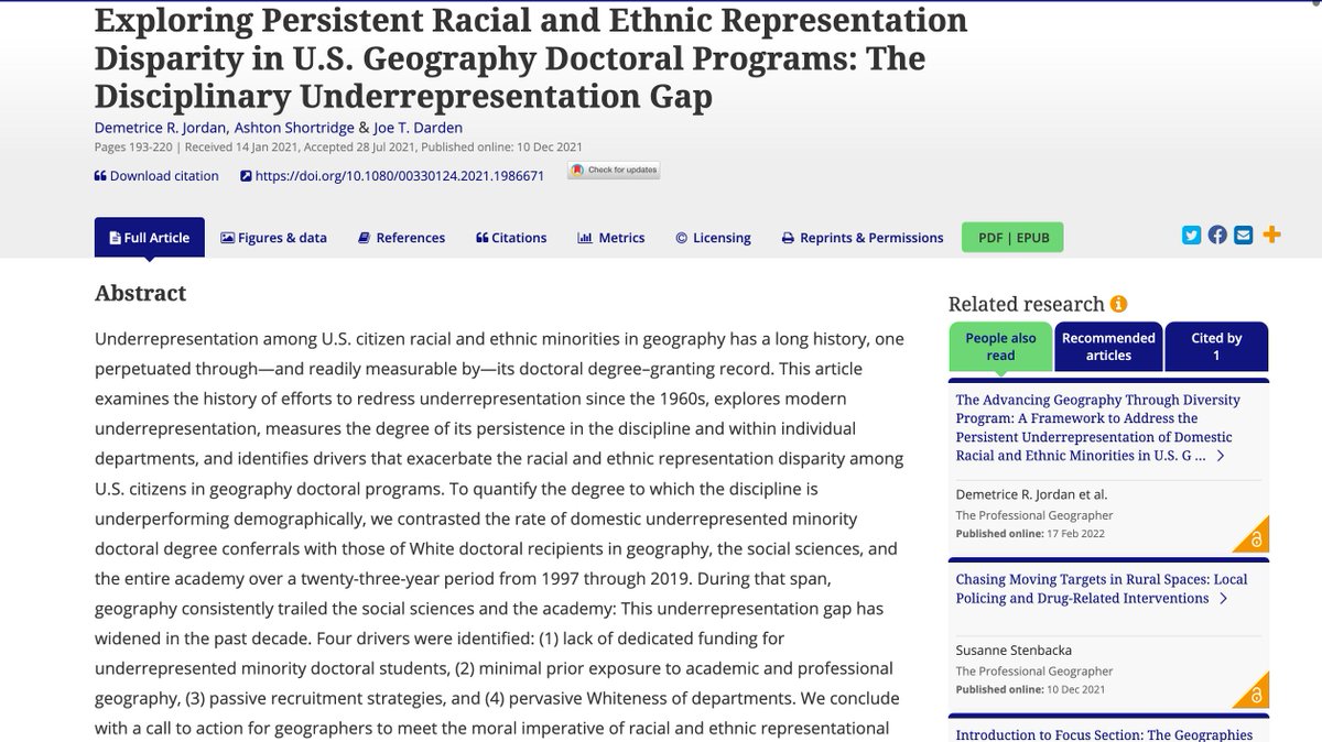 theAAG's tweet photo. Jordan, Shortridge, &amp; Darden measure the degree of underrepresentation of ethnic &amp; racial minorities in geography, investigate the reasons for the disparity, and call geographers to act on representational equity: https://t.co/5jLTlqU6gd #BlackGeographies @LatinxGeog @BlackGeogs https://t.co/q57ecZiHxO