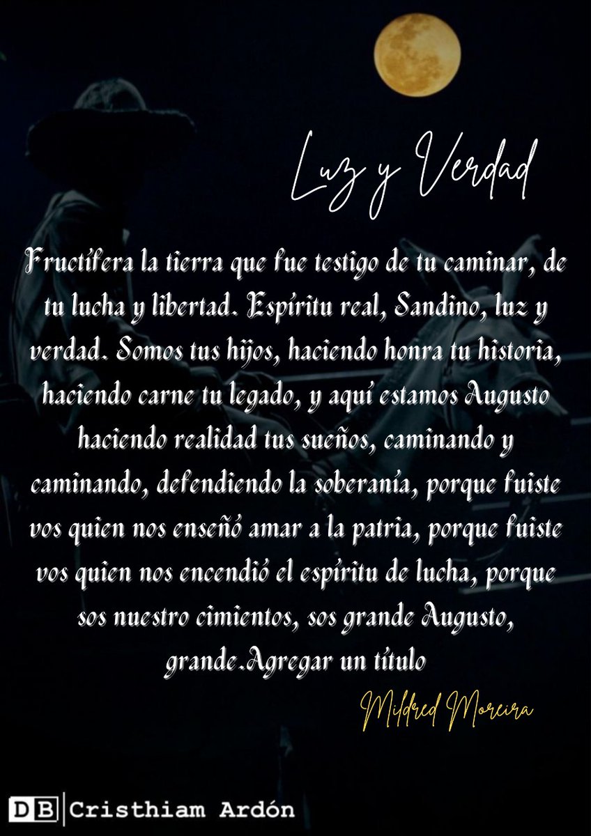 Sandino, amó y soñó una Nicaragua en progreso, soberana y rebelde, y mira que Carlos y Daniel han hecho realidad eso. Cuanta responsabilidad tenemos, lograr honrar a estos guerrilleros✊🏻

#Nicaragua 
#SandinoSiempre