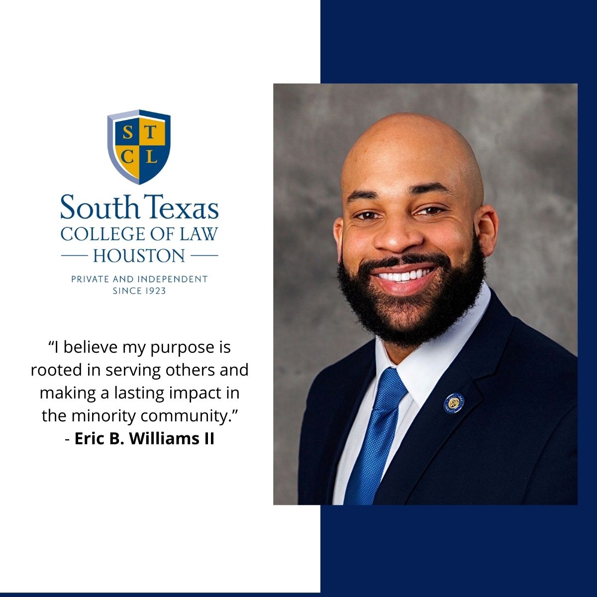 STCL_Houston's tweet image. South Texas College of Law Houston’s first Black valedictorian Eric B. Williams II to address students at Commencement ceremony this weekend. Read more: ow.ly/grnk50JbkWr
 
 #STCLGRAD #STCLHOUSTON #LAWSCHOOL