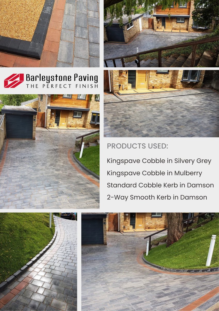 A variety of Barleystone Paving products used to create this uniquely beautiful driveway at a domestic dwelling in the UK.

Kingspave Cobble in Silver Grey
Kingspave Cobble border in Mulberry
Standard Cobble Kerb in Damson
2-Way Smooth Kerb in Damson