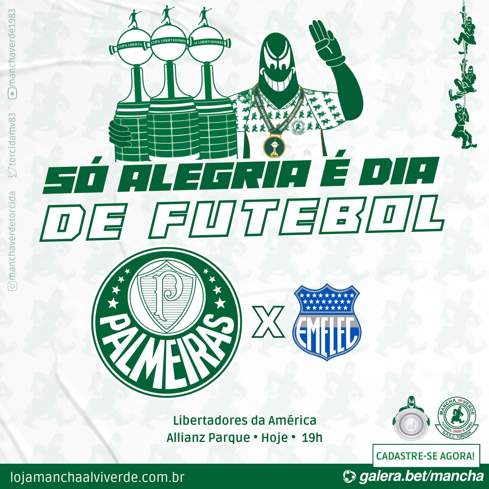 União Mancha Verde - LIBERTADORES !!!!! Somos a Mancha Verde a Mais Temida,  Sigo meu Palmeiras por toda Vida, Vamos jogar com Raça os Jogadores, Para  ganhar a Taça Libertadores. LIBERTADORES !!!! #