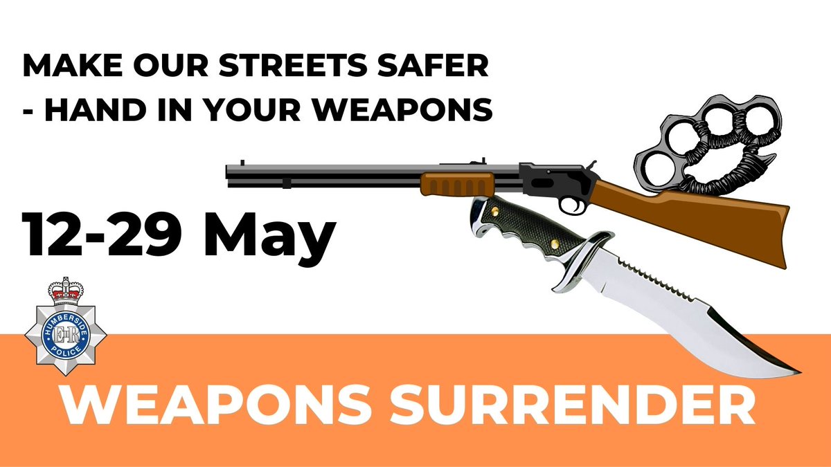 Humberbeat_ERYN's tweet image. Do you own a firearm, knife, or other bladed weapon?

Hand in any firearm, bladed and offensive weapons to police stations force wide 12-29 May

#OpAztec #OpSceptre #KnifeFree

More info: ow.ly/jYVw50ISfJ2