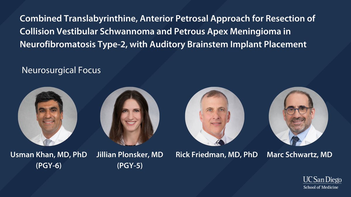 Watch one of their recent surgeries, a combined right translabyrinthine and anterior petrosal approach for resection of a petrous apex meningioma in collision with a vestibular schwannoma in a young male with NF2: bit.ly/3rMsYak #ANAwarenessWeek2022 #ANAwarenessWeek