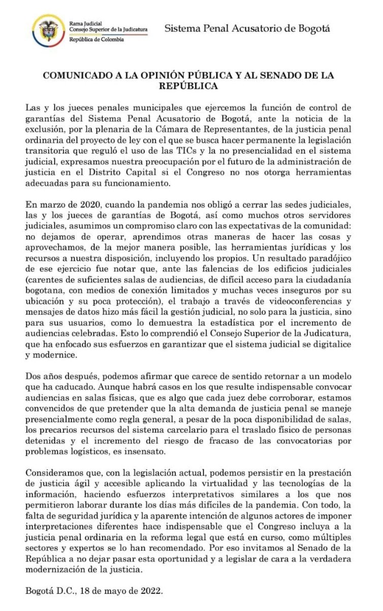 prensapaloq's tweet photo. 🚨 COMUNICADO: Jueces Penales con Función de Control de Garantías de Bogota.🚨 https://t.co/HORu0t64Mf
