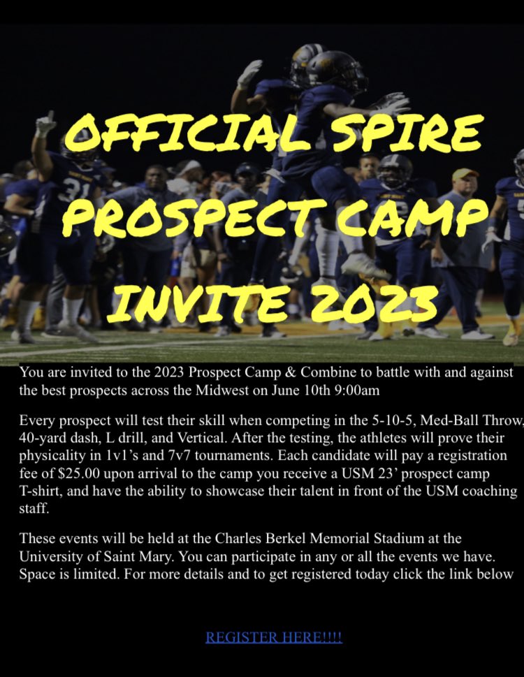 Spire_Football's tweet photo. 23’ Prospect Camp date is set! Reach out to our position coaches for registration invite! June 10th @ 9am
@CoachLHinson HC/DC
@taycalvert  OC/QB
@Coach_Rlopez Co-DC/LB
@CoachCoronel OL
@CoachFields225 WR
@FathereeAdam RB https://t.co/x2PNYiGQEl