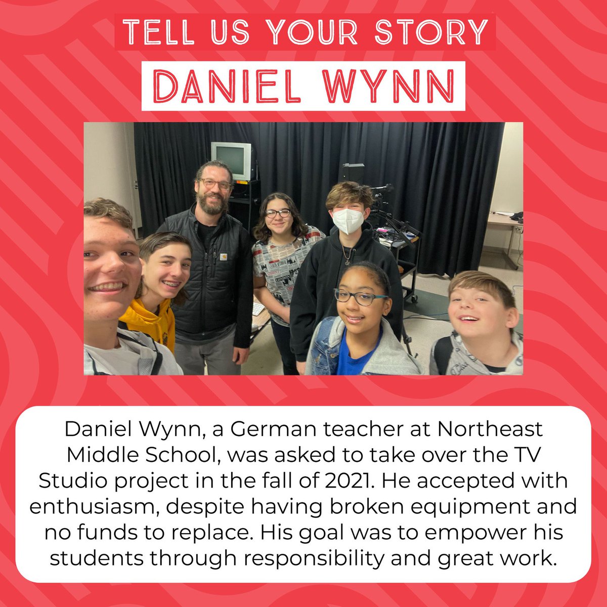 FoundationBASD's tweet image. @dwynnburger, one of our grant recipients, tells us his story about the @NETV_News and Journalism Club at Northeast Middle School. Read the whole story on BASD Nation to learn how he truly empowered his students - bit.ly/3sIaGYc

#BASDProud