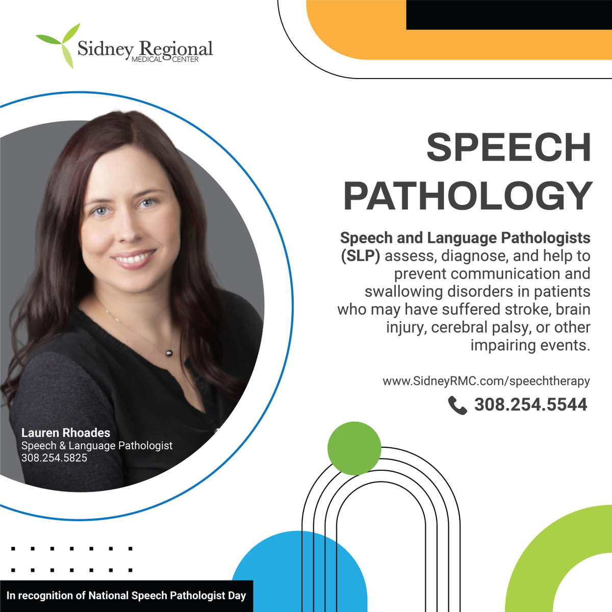 It's National Speech Pathologist Day and we want to thank our very own SLP, Lauren Rhoades! 👏👏👏

Offering a wide array of therapy options, visit your provider to see what type better fits your needs. Set up an appointment by calling 308.254.5544.