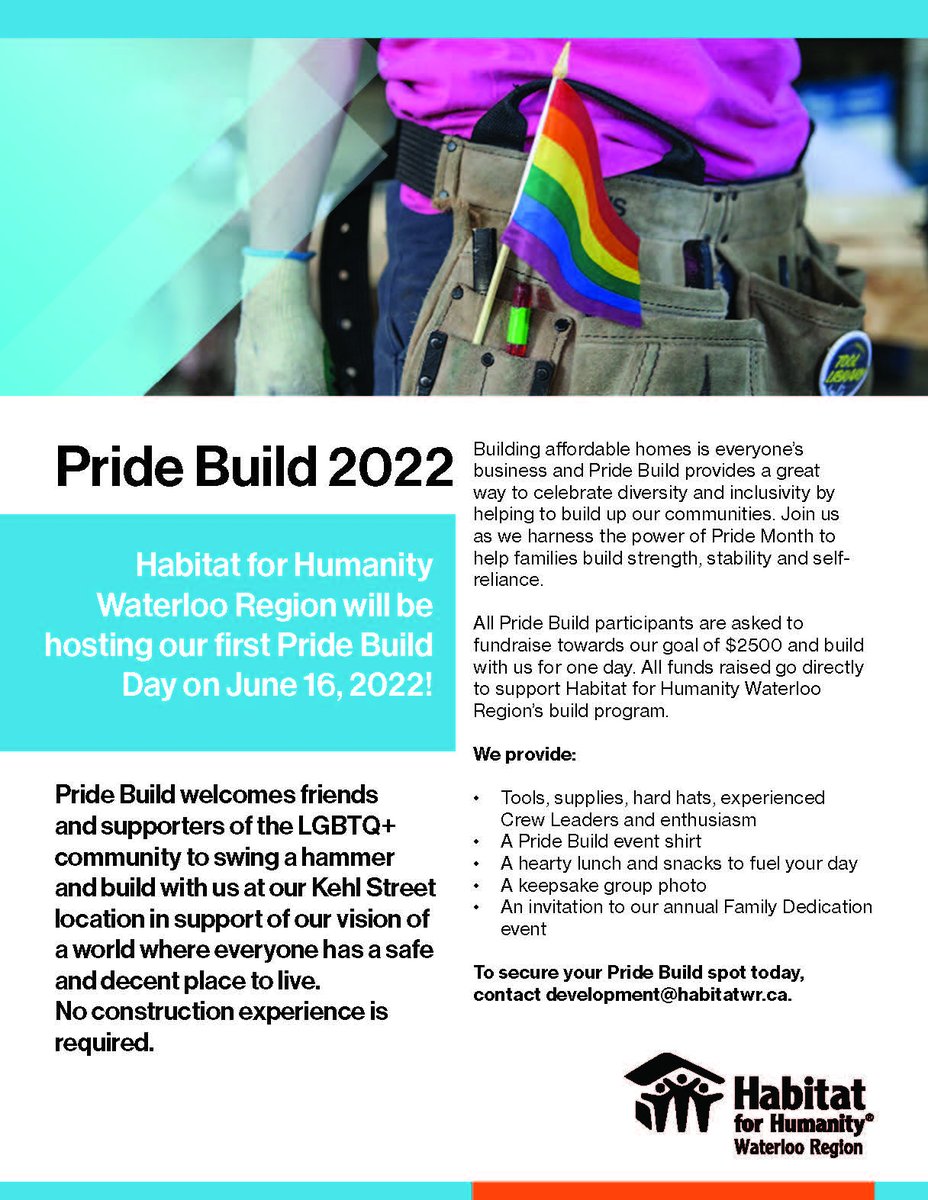 our_SPECTRUM's tweet photo. Our friends at @HabitatWR are hosting their first Pride Build Day on June 16, 2022 and are looking for 2SLGBTQ+ people and allies to help build a house on Kehl Street!

No construction experience is required. To secure your Pride Build spot, contact development@habitatwr.ca https://t.co/Jjfw1Qm1UL