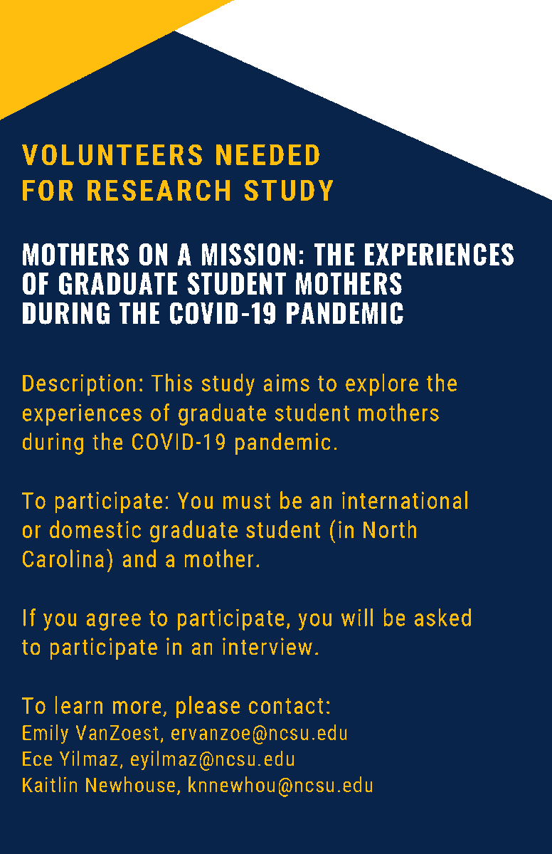 My colleagues &amp; I are interested in learning about the experiences of graduate student mothers in North Carolina during the COVID-19 pandemic. We would love your help connecting us with NC scholar moms! Thanks in advance. <a href="/chezece/">Ece Yilmaz</a> @KaitNewhouse