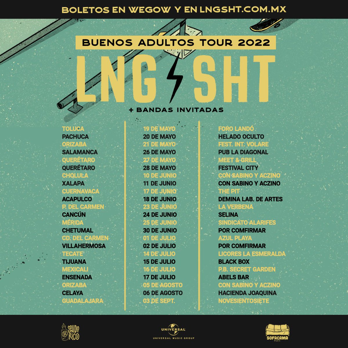 Cómo si fuera el 2014 pero con dinero pa pagar la renta y menor tolerancia al alcohol.... 

Ahora si vámonos a los 32 estados, Colombia y USA... 
(aún más fechas pronto)

Todos los boletos a la venta en lngsht.com.mx