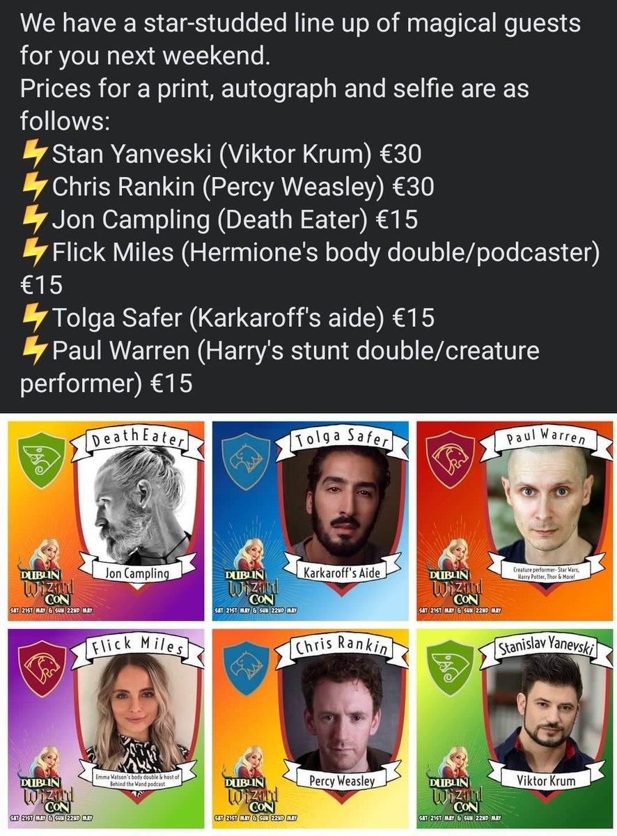 DublinWizardCon's tweet photo. Selfish, I know! But look at all the amazing people I get to meet this weekend at #dublinwizardcon! @chrisrankin @StanYanevski @joncampling @tolga_safer @paulRwarren @FlickMiles1 ! Who are you going to say hi to? https://t.co/O47HWEZR8U