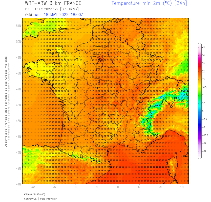 La nuit prochaine s'annonce chaude avec des minimales qui pourraient parfois rester au-dessus des 20°C.
Des records mensuels de haute minimale sont là encore possibles comme à Lyon, Clermont-Ferrand voire Paris-Montsouris. 