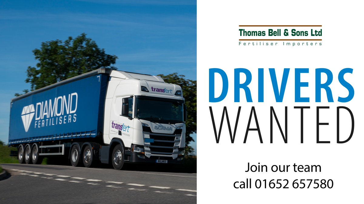 ThomasbellFert's tweet photo. J O B V A C A N C Y
We are looking for Class 1 HGV Drivers to join our team. For more details and to apply, please give us a call on 01652 657580
#HGVdriver #fertiliser #farmdeliveries #servicecounts #diamondfertilisers #driverswanted https://t.co/CAmV4YhNl7