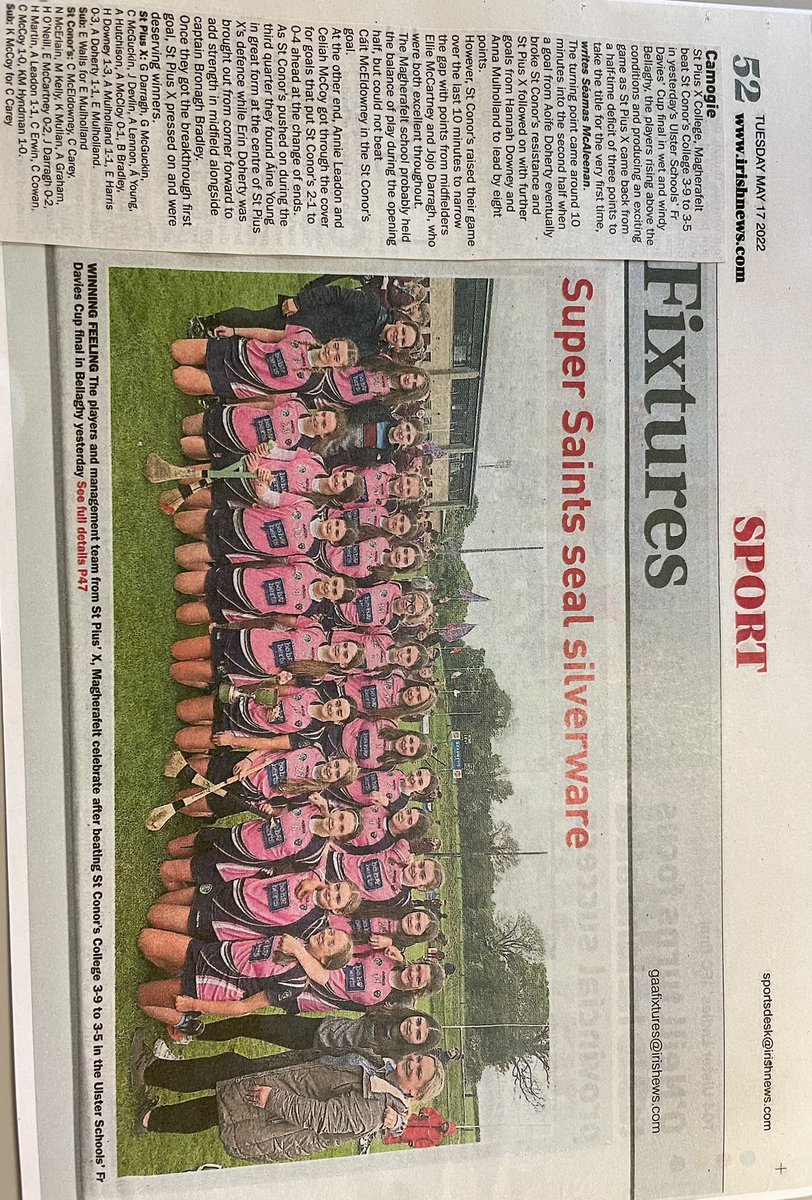 spxks3's tweet photo. Thank You to Séamas McAleenan @irishnewssport for this article in yesterday’s Irish News, celebrating our U14 Camogie team’s success in winning the Ulster Schools Fr Davies Cup final. 🏆 https://t.co/DExUusbq8Z