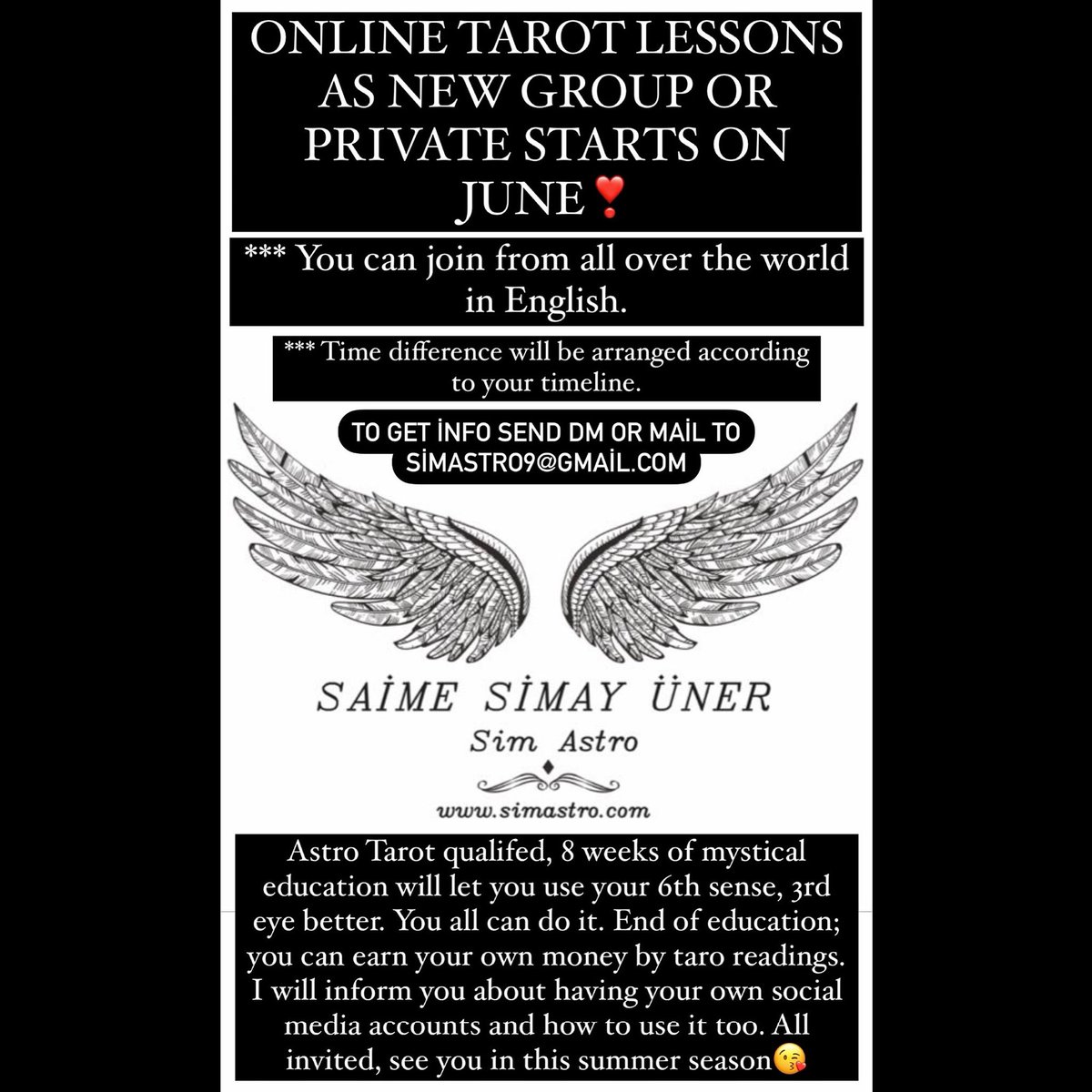 simastrosimay's tweet photo. Chance to learn Classical Tarot from a specialist astrologer + occult healer + medium, profit by 18 years of Tarot reading experience😉🔥😎🧿🫶🏻
(Please share)
#tarot #onlinetarot #occult #tarotreading #teaching #onlineclasses #karma #energy #simayuner #june #summer #group https://t.co/9FwivGXg4q