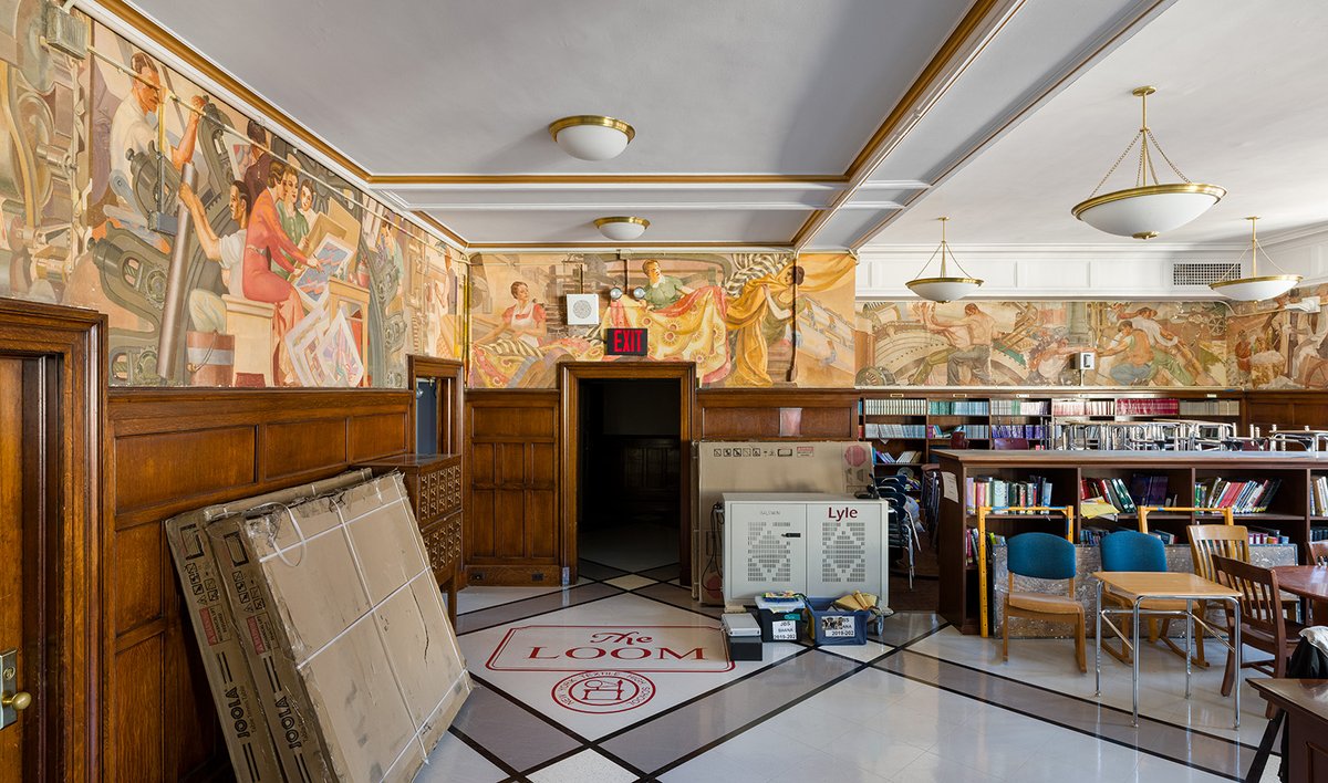 NYC_SCA's tweet photo. To celebrate #NationalPreservationMonth, #PublicArtforPublicSchools spotlights an ongoing conservation project to restore the #WPAmural “The History of the Textile Industry” by Paul Lawler located at the Bayard Rustin Educational Complex in Manhattan. Photos by Etienne Frossard. https://t.co/2psNSBzI4u