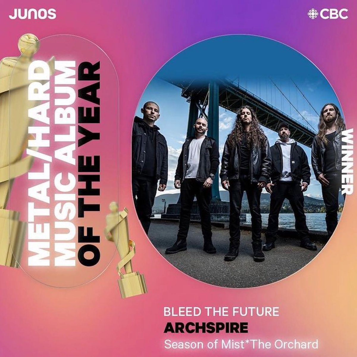 myVCC's tweet photo. Congratulations to #myVCC #music alumnus Jared Smith and members of the band @Archspireband for winning the 2022 #JunoAwards Best Metal/hard music album of the year category 👏 🎸 🌟 View the full list: https://t.co/aeOuxcUMnN | @CBC https://t.co/GuLeopjRqo