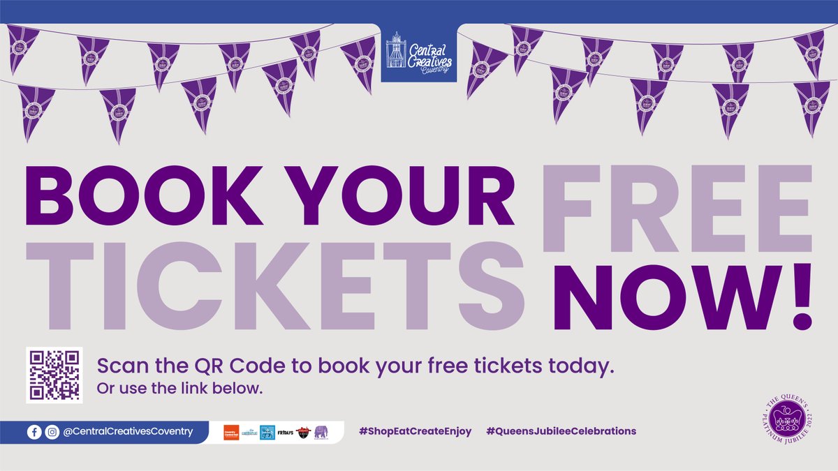 Book your FREE tickets at shorturl.at/elzCJ

Visit us at Central Hall on the 4th &amp; 5th June 2022 where we have a jam packed party for all at our Queen's Platinum Jubilee Celebrations.

#CoventryCreatives #QueensJubileeCelebrations #CommunityEvents #LivePerformances #BBQ