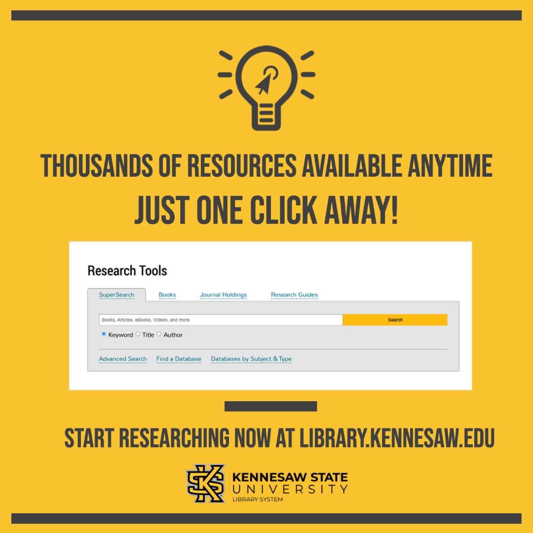 KSULibraries's tweet photo. Did you know you have access to thousand of online databases anytime on our website? Even when the library is closed, you have access to all the resources you'd need for your research endeavors. Start researching today on our website, https://t.co/tUO8tKxF9b! https://t.co/eXB0BJzH6E