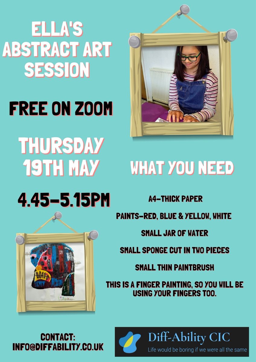 DiffAbility_Art's tweet photo. This week you will need: 

A4-Thick paper

Paints-Red, Blue &amp; Yellow, white 

Small jar of water

Small sponge cut in two pieces

Small thin paintbrush

This is a finger painting, so you will be using your fingers too.

Get your Free ticket via Eventbrite: https://t.co/FuPVnahNEo https://t.co/0uN69PYrbd